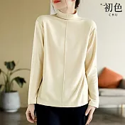 【初色】韓版素色拼接高領大碼長袖內搭T恤上衣-共5色-31665(M-2XL可選) 2XL 米白色