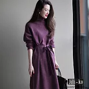 【Jilli~ko】高領中長款繫帶收腰女針織連衣裙 J11586 FREE 紫色