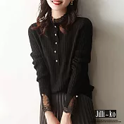【Jilli~ko】時尚設計款女蕾絲長袖坑條針織衫 J11570 FREE 黑色