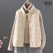 【初色】文藝盤扣輕薄科技羽絨棉立領無袖背心外套-共5色-31678(M-2XL可選) M 米白色