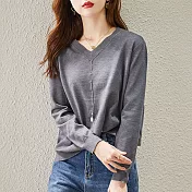 【MsMore】 長袖V領項鍊吊墜復古時尚洋氣針織衫毛衣短版上衣# 120581 FREE 深灰色