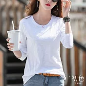 【初色】簡約圓領單扣顯瘦修身長袖打底衫T恤上衣女上衣-共5色-31551(M-2XL可選) M 白色
