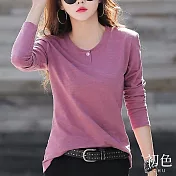 【初色】簡約圓領單扣顯瘦修身長袖打底衫T恤上衣女上衣-共5色-31551(M-2XL可選) M 紫紅色