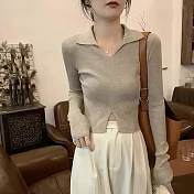 【AMIEE】韓系百搭設計感翻領針織衫(5色/FREE/KDTQ-3859) F 駝色