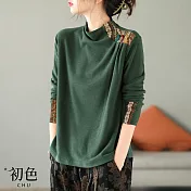 【初色】文藝民族風印花貼布半高領打底衫T恤上衣女上衣-共4色-31561(M-2XL可選) XL 綠色