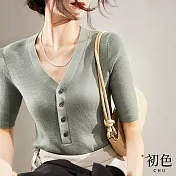 【初色】V領單排釦清涼薄款五分短袖針織衫上衣-共4色-70210(F可選) F 淺綠色
