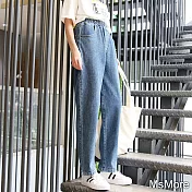 【MsMore】 韓版學生百搭九分牛仔棉褲寬鬆鬆緊腰直筒闊腿長褲# 120618 M 深藍色