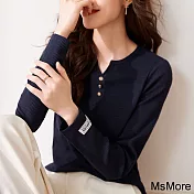 【MsMore】 紐扣裝飾簡約藏青色長袖圓領休閒輕薄舒適百搭短版上衣# 120654 2XL 藏青色