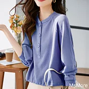 【MsMore】 純色圓領時尚小清新三粒扣長袖短版上衣# 120666 XL 紫色