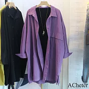 【ACheter】 斜紋棉大口袋翻領長袖下擺開叉前短後長襯衫上衣# 120694 L 紫色