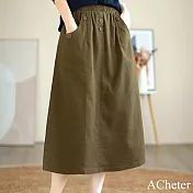 【ACheter】 文藝復古純色半身裙鬆緊腰紐扣顯瘦通勤A字長裙# 120710 M 軍綠色