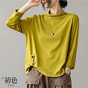 【初色】中高領T恤修身純色大碼長袖上衣-共3色-31558(M-2XL可選) 2XL 黃色