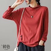 【初色】中高領T恤修身純色大碼長袖上衣-共3色-31558(M-2XL可選) 2XL 紅色