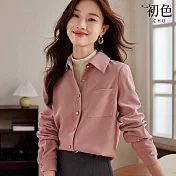 【初色】休閒翻領寬鬆長袖單排扣襯衫上衣女上衣-共2色-32006(M-2XL可選) 2XL 粉色