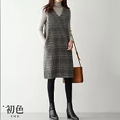 【初色】V領格紋無袖毛呢中長裙連身裙吊帶裙洋裝長洋裝-格紋-31820(M-2XL可選) M 格紋
