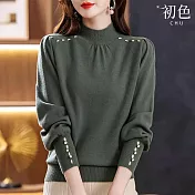 【初色】休閒寬鬆純色簡約半高長袖針織衫T恤毛衣上衣女上衣-共4色-32012(F可選) F 軍綠色