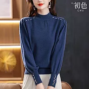 【初色】休閒寬鬆純色簡約半高長袖針織衫T恤毛衣上衣女上衣-共4色-32012(F可選) F 藍色