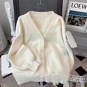 【初色】純色寬鬆長袖V領開衫毛衣口袋針織外套女上衣-共2色-32093(F可選) F 白色