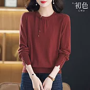 【初色】寬鬆圓領中國繩結裝飾薄款針織長袖上衣女上衣-共3色-31895(F可選) F 酒紅色
