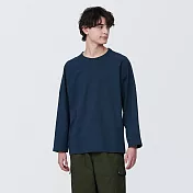 【MUJI 無印良品】男有機棉水洗粗織寬版九分袖T恤 L 暗藍