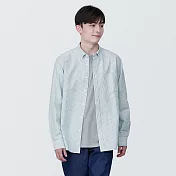 【MUJI 無印良品】男有機棉水洗牛津布扣領長袖襯衫 M 綠直紋