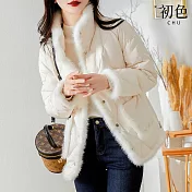 【初色】小香風保暖毛邊立領翻領菱形格口袋短款科技羽絨棉外套夾克女外套女上衣-共2色-31976(M-2XL可選) M 杏色