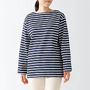 【MUJI 無印良品】女有機棉粗織船領長袖T恤 L 深藍紋樣
