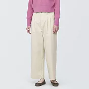 【MUJI 無印良品】女有機棉混縱橫彈性綾織打褶寬版褲 M 象牙白