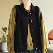 【ACheter】 文藝復古高支水洗棉無袖馬甲單排扣開衫背心外套# 120707 XL 黑色