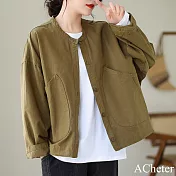 【ACheter】 純色寬鬆大碼長袖上衣韓版休閒棉外罩短版# 120714 L 軍綠色