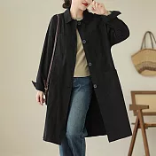 【ACheter】 棉中長款長袖風衣純色翻領單排扣文藝寬鬆時尚外套# 120720 M 黑色