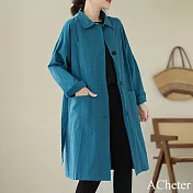 【ACheter】 棉中長款長袖風衣純色翻領單排扣文藝寬鬆時尚外套# 120720 M 藍色