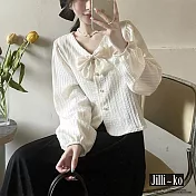 【Jilli~ko】甜美蝴蝶結V領短款長袖襯衫 J11639 FREE 杏色