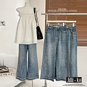 【Jilli~ko】高腰寬鬆顯瘦毛邊拖地闊腿直筒牛仔褲 M-L J11624  L 藍色