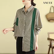 【AMIEE】文藝撞色豎條長袖襯衫(2色/M-2XL/KDCY-9368) 2XL 綠色