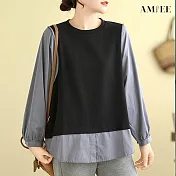 【AMIEE】假兩件設計感拼接針織襯衫(2色/M-2XL/KDCY-9381) 2XL 黑色