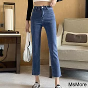 【MsMore】 淺色直筒牛仔褲新款適合小個子搭配顯高煙管九分長褲# 120795 L 深藍色