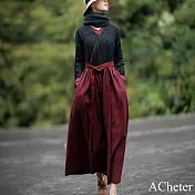 【ACheter】 連身裙棉麻感緹花復古文藝顯瘦氣質長袖洋裝# 120798 2XL 黑色