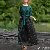 【ACheter】 民族風連身裙新款文藝復古長袖撞色條紋氣質長版洋裝# 120799 L 綠色
