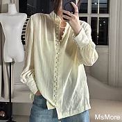 【MsMore】 中式國風立領絲質長袖襯衫短版上衣# 120855 XL 米白色