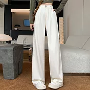 【MsMore】 高腰巴胺豎條紋直筒寬鬆闊腿工裝牛仔運動休閒長褲# 120860 M 米白色