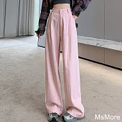 【MsMore】 高腰巴胺豎條紋直筒寬鬆闊腿工裝牛仔運動休閒長褲# 120860 M 粉紅色