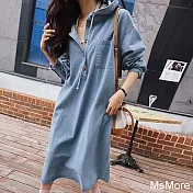 【MsMore】 韓國新款長袖連帽寬鬆休閒牛仔長裙過膝連身裙洋裝# 120888 L 藍色