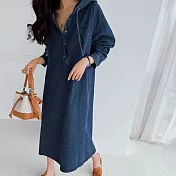 【MsMore】 韓國新款長袖連帽寬鬆休閒牛仔長裙過膝連身裙洋裝# 120888 L 深藍色
