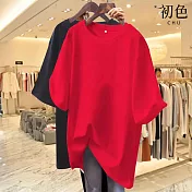 【初色】休閒純色寬鬆大碼透氣百搭圓領短袖T恤上衣-共10色-32894(M-2XL可選) M 紅色