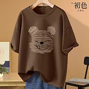 【初色】美式小熊印花圓領T恤短袖上衣-共8色-32868(M-2XL可選) M 咖啡色