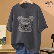 【初色】美式小熊印花圓領T恤短袖上衣-共8色-32868(M-2XL可選) XL 淺灰色