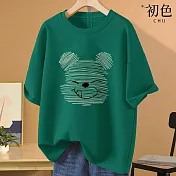 【初色】美式小熊印花圓領T恤短袖上衣-共8色-32868(M-2XL可選) XL 墨綠色