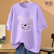 【初色】美式小熊印花圓領T恤短袖上衣-共8色-32868(M-2XL可選) XL 淺紫色