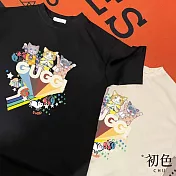 【初色】彩虹萌貓印花短袖T恤上衣-共2色-32865(M-2XL可選) M 黑色